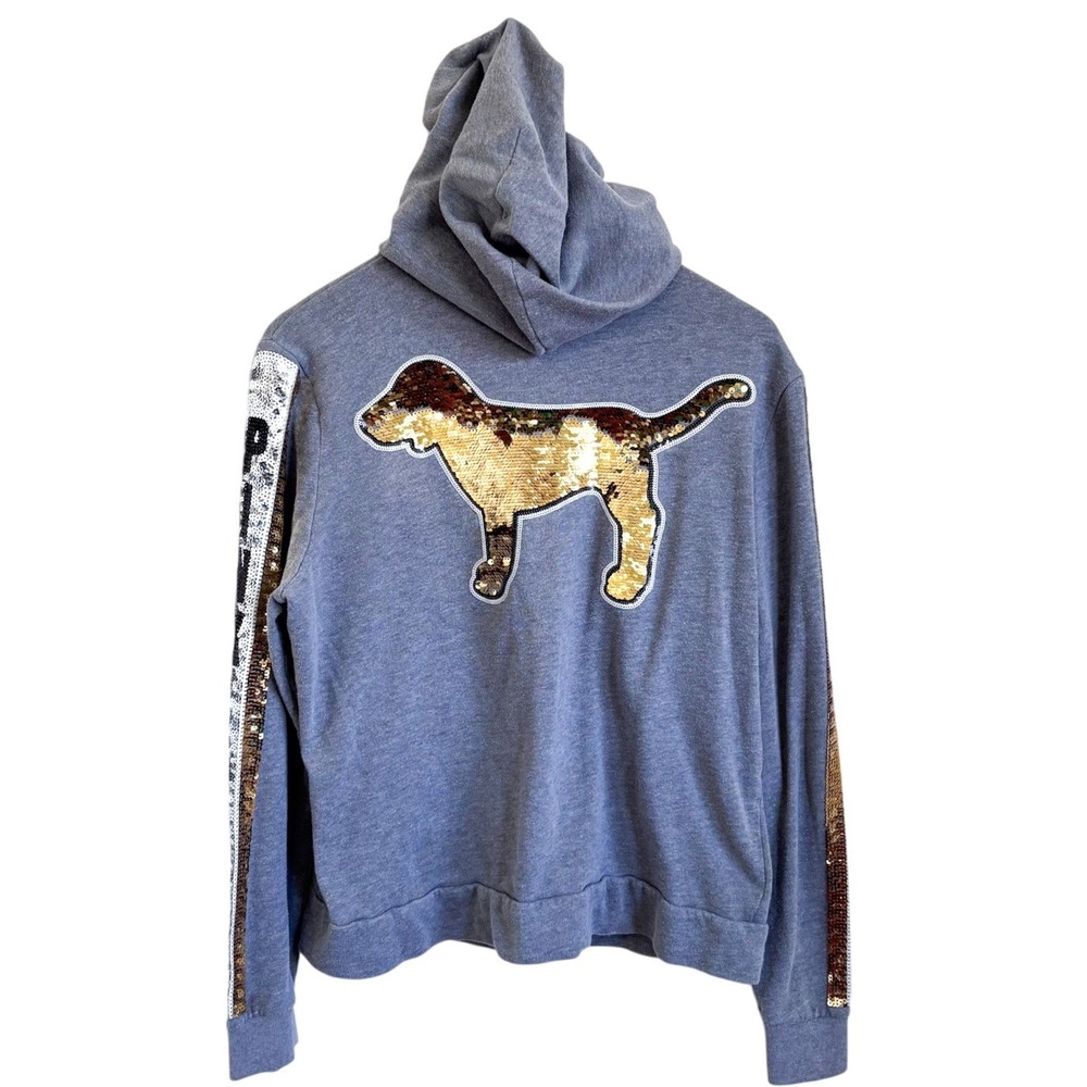Victorias Secret PINK Bling Sequin Zip Hooded‎ Jacket Size L Gray Gold Dog Y2K